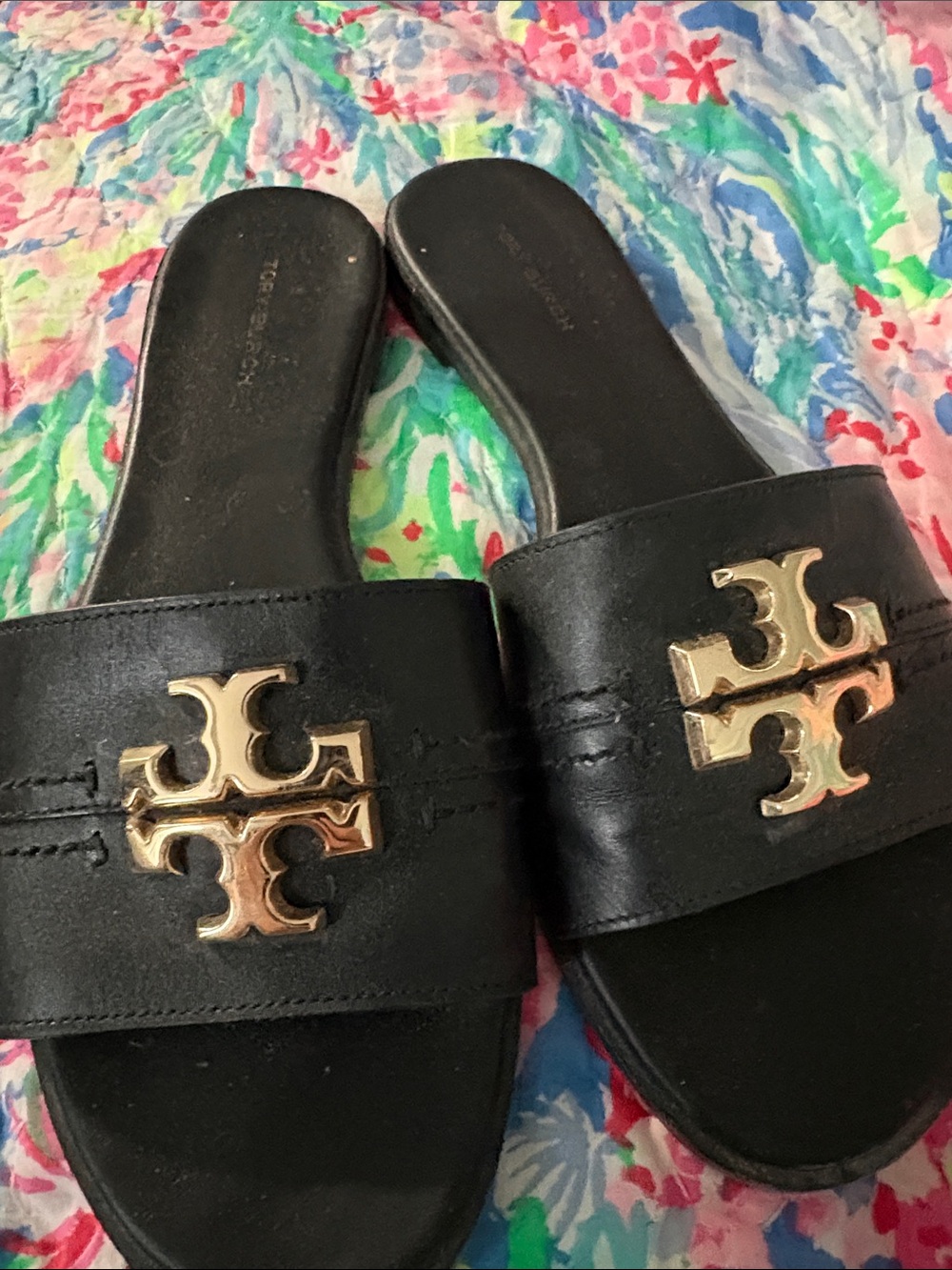 Tory Burch Black Leather Slide Sandals with Gold Logo Accent